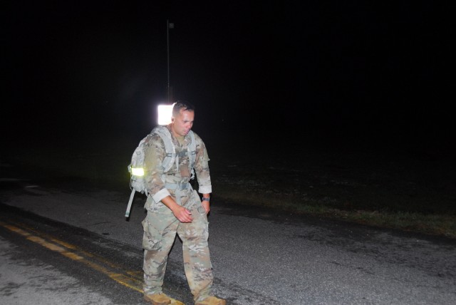 A Soldier treks through the last section of the Marsjmerket at 5:10 a.m. on Dec. 1. APG Soldiers participated in the Norwegian Ruck March (Marsjmerket) which is a test of strength and endurance inaugurated by the Norwegian army in 1915.
