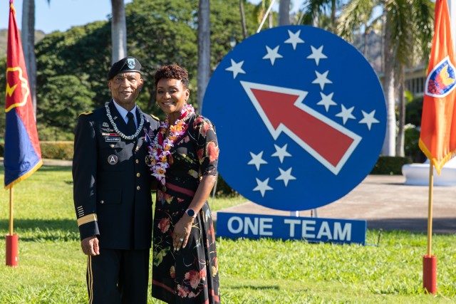 Maj. Gen. Timothy M. McKeithen, deputy commanding general-Army National Guard and his wife, Simone, pose for a photo during McKeithen’s retirement ceremony Dec. 1 held at Historic Palm Circle, Fort Shafter, Hawaii.  McKeithen served over 34 years of service in the U.S. Army.  (U.S. Army photo by Sgt. 1st Class Monik Phan)