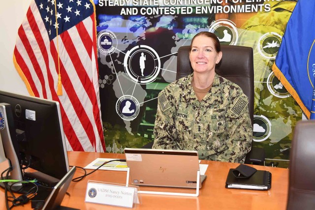 Navy Vice Admiral Nancy A. Norton, Commander, Joint Force Headquarters-Department of Defense Information Network, speaks virtually to commanders, directors, deputies, and chief information officers from more than 25 defense agencies and field activities during the fourth Annual Defense Agency, Field Activity Senior Leader Engagement held on Sept. 15-16. This annual event enables DoD senior leaders to engage in executive-level dialogue with JFHQ-DODIN staff regarding strategic and operational topics critical to the DODIN and defensive cyberspace operations.