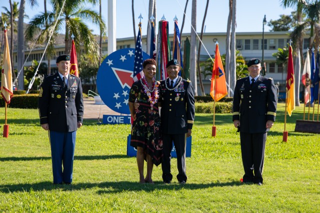 From left to right, Command Sgt. Maj. Scott A. Brzak, U.S. Army Pacific’s command sergeant major; Simone McKeithen, Maj. Gen. Timothy M. McKeithen’s, USARPAC deputy commanding general-Army National Guard; Maj. Gen. Timothy M. McKeithen; and Gen. Paul J. LaCamera, USARPAC commanding general poses for a photo at Maj. Dec. 1 at Historic Palm Circle, Fort Shafter, Hawaii.  McKeithen served over 34 years of service in the U.S. Army.  (U.S. Army photo by Sgt. 1st Class Monik Phan)