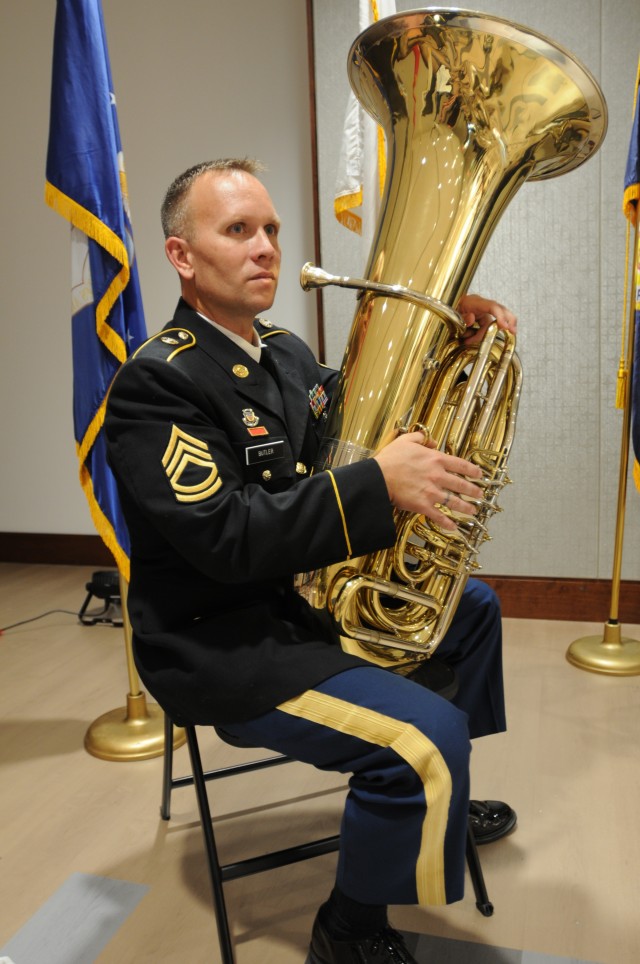 U.S. Army Reserve Sgt. 1st Class Jason Butler, a tuba player with the 380th Army Reserve Band, is the first of the ensemble to arrive at the Virginia War Memorial in Richmond, Va, for the 64th annual Commonwealth’s Veterans Day Ceremony, Nov....