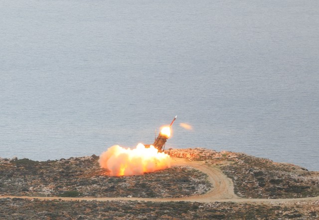 A Patriot missile is deployed from a German Air Force AMD Wing 1 patriot launcher on Nov. 23, 2020 at the NATO Missile Firing Installation(NAMFI) during the NAMFI 20 live fire. NAMFI is a German led, Greece hosted installation and supported by The Netherlands. The NAMFI live fire takes place on the Greek Island of Crete and is conducted by over 600 personnel from the U.S., Greece, Germany and the Netherlands; and provides invaluable experience to participants by giving them a chance to build partnership as well experience in a multinational environment. (U.S. Army photo by Sgt. Vincent Wilson)