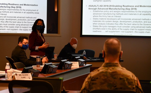 Katherine Olson, additive manufacturing lead, U.S. Army Combat Capabilities Development Command Aviation and Missile Center Systems Readiness Directorate, moderates during the U.S. Army Aviation and Missile Command hosted the Army Aviation...