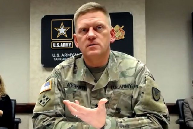 Brig. Gen. Darren Werner, commanding general Tank-automotive and Armaments Command, conducts a TACOM Town Hall Dec. 2. This is his second town hall since taking command in June.