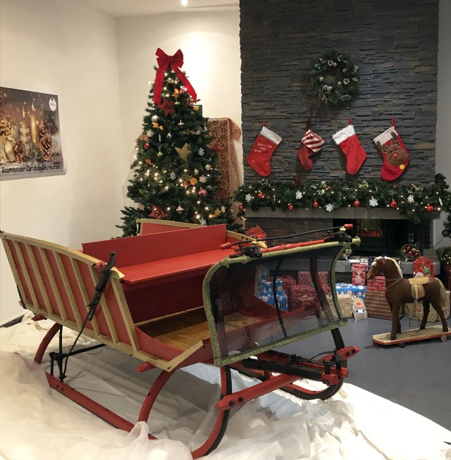 Baumholder Outdoor Recreation staff spent a month meticulously refurbishing Santa’s 100-plus-year-old sleigh to get it ready for family photos, one of the activities available for the community as part of Operation Holiday Connection this year.