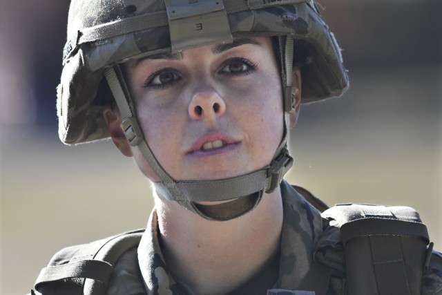 Sgt. Ashtyn Robidoux, 483rd MP Det., Fort Huachuca, Ariz., listens to her assessment during the TRADOC MWD Certification Nov. 23 at the installation helipad. The 544th Military Police Detachment hosted the three-day event intended to gauge the...