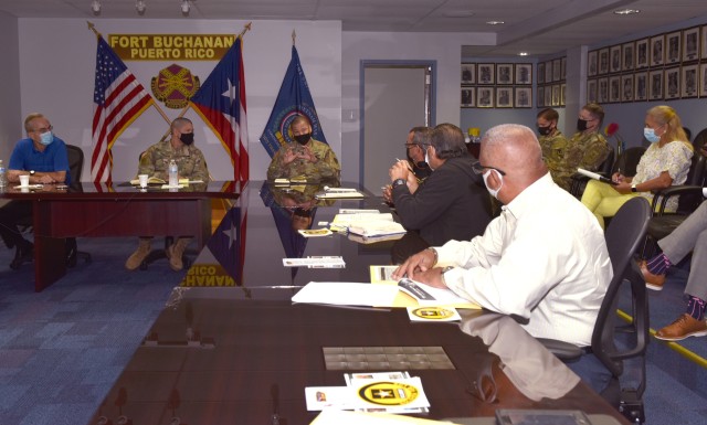 US Army Garrison Fort Buchanan Command Sgt. Maj. José A. Banks speaks to the combined face-to-face/virtual via teleconference meeting with Veterans Service Organizations and the Installation’s Retiree Council held at the garrison’s Maj. Gen. James A. Buchanan Conference Room, November 10, 2020.