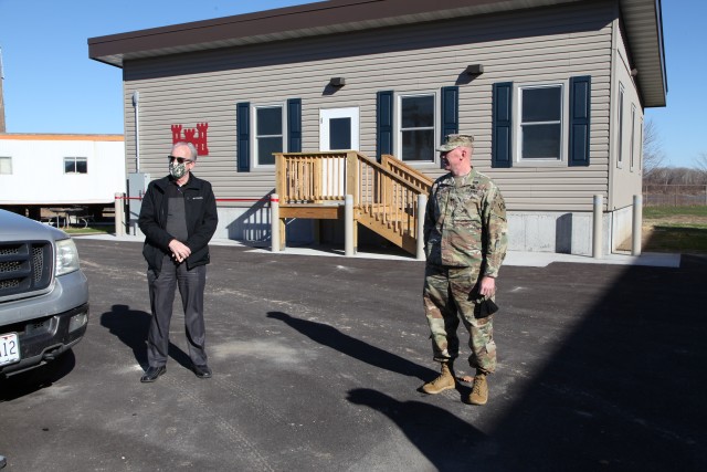 Stu Cook, chief of the district Operations Division, left, and Col. Bill Hannan, commander, Kansas City District, Northwestern Division, U.S. Army Corps of Engineers, discuss the new work facility at the Gasconade River Office December 1, 2020...