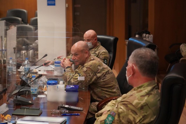 U.S. Army Gen. Chris Cavoli, commander of newly consolidated U.S. Army Europe and Africa, delivers opening remarks during a meeting of U.S. Army land forces commanders for Europe and Africa and Allied Land Command Thursday at LANDCOM headquarters in Izmir, Turkey.