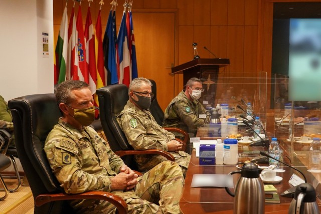 U.S. Army Maj. Gen. Andrew Rohling, Commander Southern European Task Force, Africa; Turkish Army Maj. Gen. Metin Tokel, Allied Land Command Chief of Staff; and Spanish Army Brig. Gen. Jose Martinez, LANDCOM Deputy Chief of Staff for Plans listen as U.S. Army land forces commanders for Europe and Africa and NATO’s Allied Land Command and select staff hold discussions on land domain collaboration Dec. 3, 2020 at LANDCOM headquarters in Izmir, Turkey.