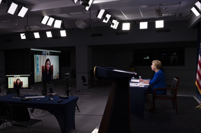 Ellen M. Lord, undersecretary of defense for acquisition and sustainment, right, speaks with Rebeccah Heinrichs, a senior fellow at the Hudson Institute, during a teleconference in the Pentagon, Dec. 1, 2020.