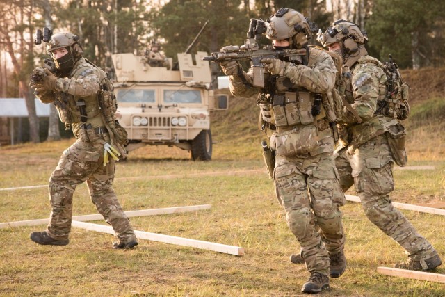 U.S. Special Forces with 10th Special Forces Group assigned to Special Operations Command Europe rehearse room clearing procedures, Daugavpils, Latvia, Nov. 21, 2020 as part of Exercise Winter Shield 20. Winter Shield is a Latvian-led exercise incorporating U.S. and Latvian conventional and Special Operations Forces.