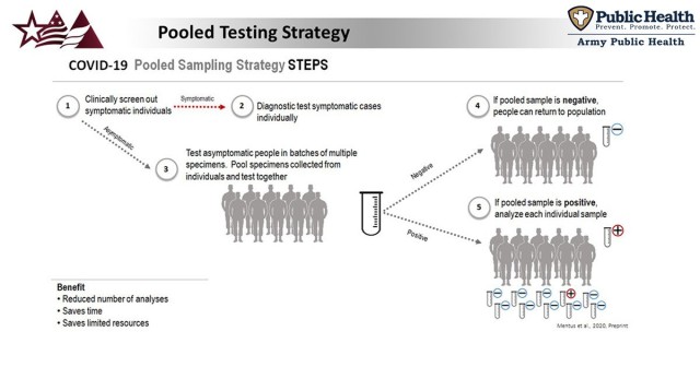 This infographic, developed by the Army Public Health Center COVID-19 Task Force and the APHC Visual Information team, depicts the steps involved in a pooled surveillance testing strategy. APHC is helping the Army maintain operational readiness by conducting rapid pool testing of Soldiers who may be asymptomatic in order to ensure they can safely train and deploy with their units. 