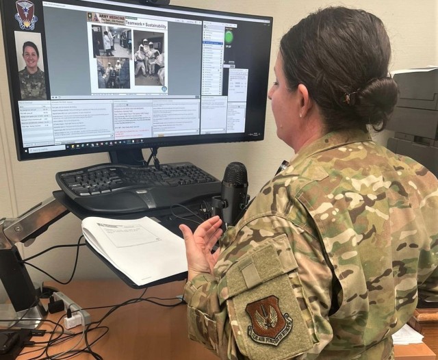 U.S. Air Force Maj. April Oliver, chief nurse in charge of the Landstuhl Regional Medical Center ICU, gives a presentation on intensive care nursing during the fall Regional Health Command Europe Medical Surgical virtual training conference held...