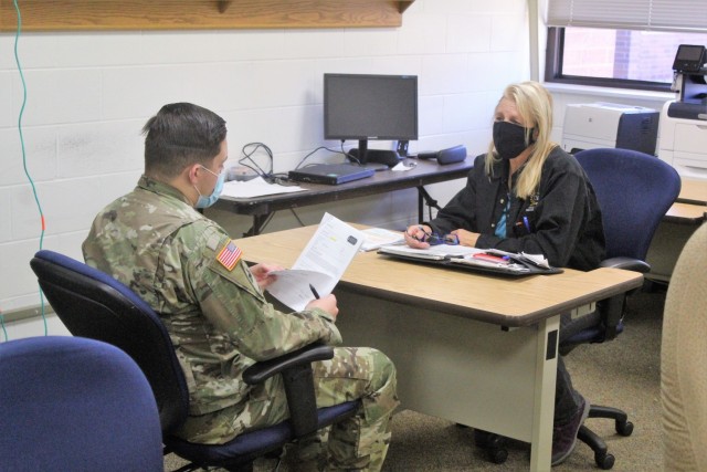 Civil affairs Soldiers participate in a simulated key leader engagement Oct. 30, 2020, in a classroom in building 50 as part of a 38A Civil Affairs Military Occupational Specialty-Transition Course at Fort McCoy, Wis. The course is coordinated by...