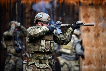 A U.S. Special Operations Forces Soldier assigned to 10th Special Forces Group (Airborne) engages his target during a close-range weapons training exercise held at a shooting range near Stuttgart, Germany, Jan. 28, 2020.