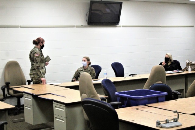 Civil affairs Soldiers participate in a simulated key leader engagement Oct. 30, 2020, in a classroom in building 50 as part of a 38A Civil Affairs Military Occupational Specialty-Transition Course at Fort McCoy, Wis. The course is coordinated by...