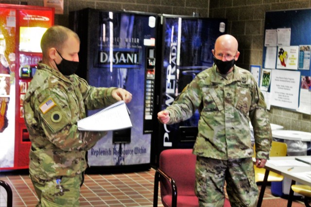 Civil affairs Soldiers participate in a simulated key leader engagement Oct. 30, 2020, in a classroom in building 50 as part of a 38A Civil Affairs Military Occupational Specialty-Transition Course at Fort McCoy, Wis. The course is coordinated by...