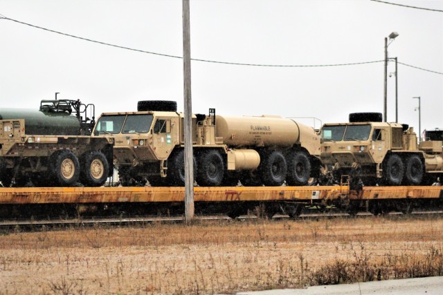 Equipment belonging to the Wisconsin Army National Guard’s 829th Engineer Company (Vertical Construction) is shown on railcars waiting to be unloaded as part of redeployment rail operations Oct. 22, 2020 at Fort McCoy, Wis. The offload included...