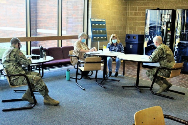 Civil affairs Soldiers participate in a simulated key leader engagement Oct. 30, 2020, in a classroom in building 50 as part of a 38A Civil Affairs Military Occupational Specialty-Transition Course at Fort McCoy, Wis. The course is coordinated by...