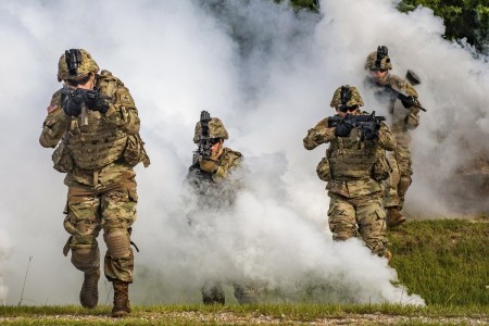 Soldiers participate in a squad demonstration at Fort Benning, Ga., Aug. 21, 2020. 