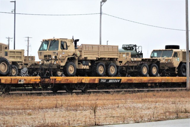 Equipment belonging to the Wisconsin Army National Guard’s 829th Engineer Company (Vertical Construction) is shown on railcars waiting to be unloaded as part of redeployment rail operations Oct. 22, 2020 at Fort McCoy, Wis. The offload included...