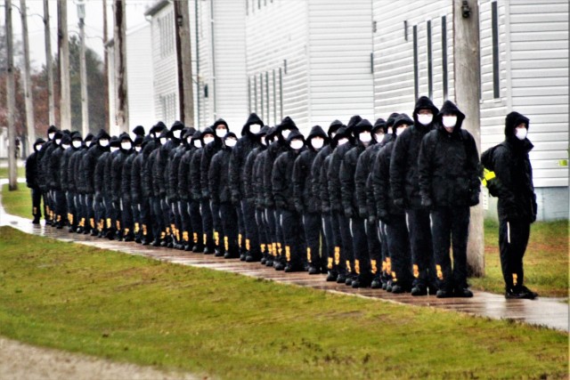 U.S. Navy recruits walk to a dining facility Oct. 22, 2020, at Fort McCoy, Wis. The Navy’s Recruit Training Command (RTC) of Great Lakes, Ill., worked with the Army at Fort McCoy so the post could serve as a restriction-of-movement (ROM) site...