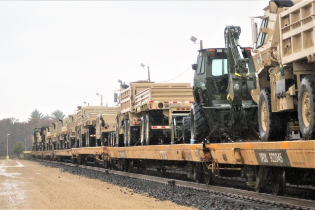 Equipment belonging to the Wisconsin Army National Guard’s 829th Engineer Company (Vertical Construction) is shown on railcars waiting to be unloaded as part of redeployment rail operations Oct. 22, 2020 at Fort McCoy, Wis. The offload included...