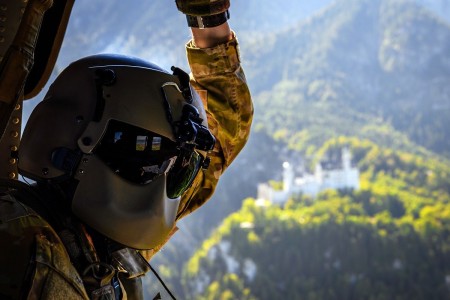 A Soldier passes by Neuschwanstein Castle while transporting COVID-19 tests to Landstuhl Regional Medical Center, Germany, Sept. 15, 2020. 