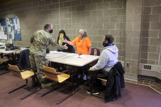 Civil affairs Soldiers participate in a simulated key leader engagement Oct. 30, 2020, in a classroom in building 50 as part of a 38A Civil Affairs Military Occupational Specialty-Transition Course at Fort McCoy, Wis. The course is coordinated by...