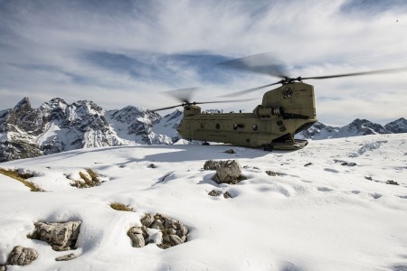 An Army CH-47F Chinook sits atop a mountain in the Alps in Germany, Oct. 21, 2020. 