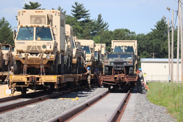 Military vehicles and equipment belonging to the 1158th Transportation Company of the Wisconsin National Guard are loaded on railcars July 10, 2019, at Fort McCoy, Wis. The company is shipping the equipment to Fort Hood, Texas, to be a part of a...