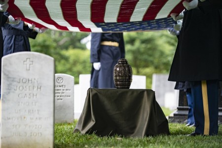 Soldiers assigned to 1st Battalion, 3d U.S. Infantry Regiment (The Old Guard) conduct modified military funeral honors for U.S. Army Air Forces 1st Lt. Cicero Sprinkle Jr. at Arlington National Cemetery, Arlington, Va., June 11, 2020. 