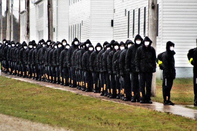 U.S. Navy recruits walk to a dining facility Oct. 22, 2020, at Fort McCoy, Wis. The Navy’s Recruit Training Command (RTC) of Great Lakes, Ill., worked with the Army at Fort McCoy so the post could serve as a restriction-of-movement (ROM) site...