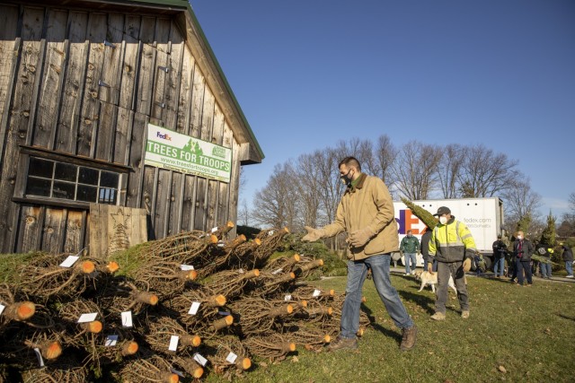 Guard members load holiday trees for military families