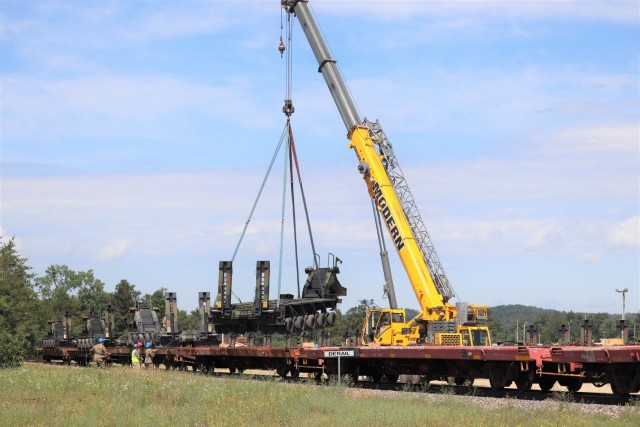 Military vehicles and equipment belonging to the 1158th Transportation Company of the Wisconsin National Guard are loaded on railcars July 10, 2019, at Fort McCoy, Wis. The company is shipping the equipment to Fort Hood, Texas, to be a part of a...