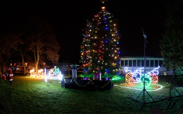 WIESBADEN, Germany-The Christmas tree and holiday lights, located beside the Clay Kaserne chapel, remain lit after the evening ceremony. Photo courtesy of Robert Bishop.