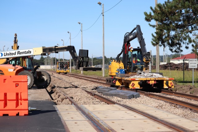 Crew workers with the McAlester Army Ammunition Plant (MCAAP) of McAlester, Okla., work on a section of rail on the cantonment area Sept. 16, 2019, at Fort McCoy, Wis. The work is part of a two-year project to improve more than 8 miles of rail...