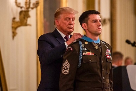 President Donald Trump awards the Medal of Honor to Sgt. Maj. Thomas &#34;Patrick&#34; Payne at the White House, Washington, D.C., Sept. 11, 2020. Payne was awarded the medal for his actions while serving as an assistant team leader deployed to Iraq as part of a special operations joint task force in support of Operation Inherent Resolve on Oct. 22, 2015. 