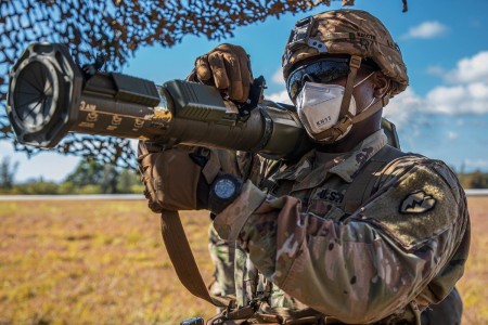 A Soldier checks the sight of a shoulder-fired rocket system during a test of his basic infantry and Soldier skills, Sept. 16, 2020 at Schofield Barracks, Hawaii.