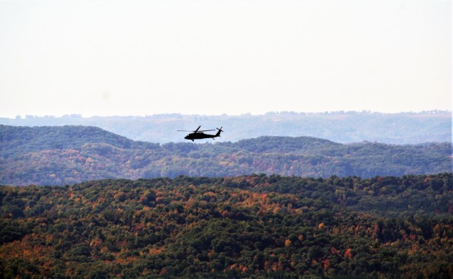 An aircrew with the Wisconsin National Guard’s 1st Battalion, 147th Aviation Regiment operate a UH-60 Black Hawk helicopter Oct. 9, 2020, at Fort McCoy, Wis. Members of the unit regularly complete training operations at Fort McCoy and the unit...