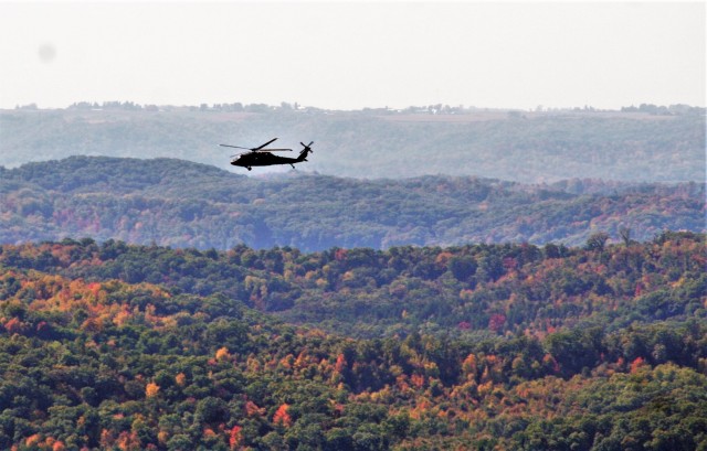 An aircrew with the Wisconsin National Guard’s 1st Battalion, 147th Aviation Regiment operate a UH-60 Black Hawk helicopter Oct. 9, 2020, at Fort McCoy, Wis. Members of the unit regularly complete training operations at Fort McCoy and the unit...
