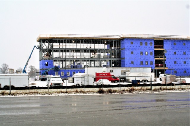 An area of the 1600 block of the cantonment area of the installation is shown Nov. 24, 2020, during a light snowfall as a new multi-million dollar barracks is being built at Fort McCoy, Wis. Contractor L.S. Black Constructors was awarded a $20.6...