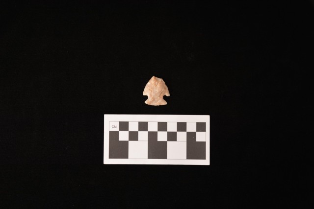 A projectile point for a spear shaft, made of Prairie du Chien chert for, is shown. This projectile point was found on Fort McCoy during an archaeological dig in 2016. (Photo contributed by Directorate of Public Works Environmental Division...