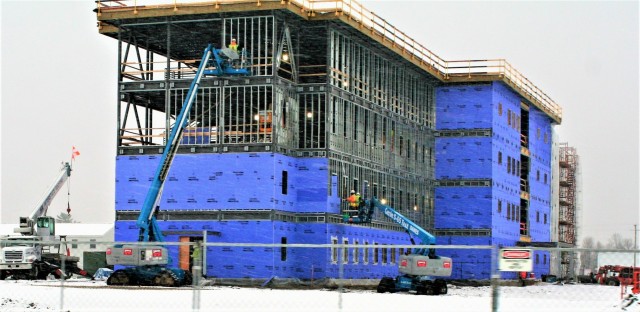 An area of the 1600 block of the cantonment area of the installation is shown Nov. 24, 2020, during a light snowfall as a new multi-million dollar barracks is being built at Fort McCoy, Wis. Contractor L.S. Black Constructors was awarded a $20.6...