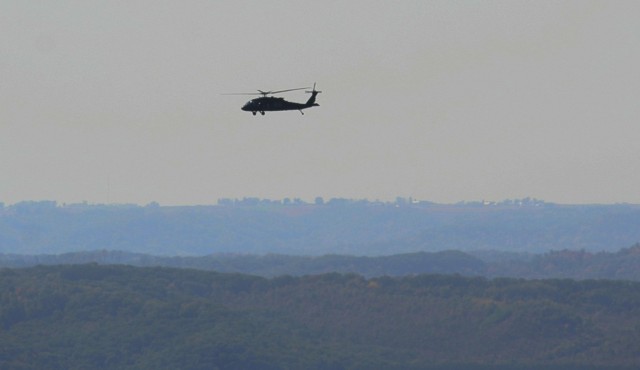 An aircrew with the Wisconsin National Guard’s 1st Battalion, 147th Aviation Regiment operate a UH-60 Black Hawk helicopter Oct. 9, 2020, at Fort McCoy, Wis. Members of the unit regularly complete training operations at Fort McCoy and the unit...