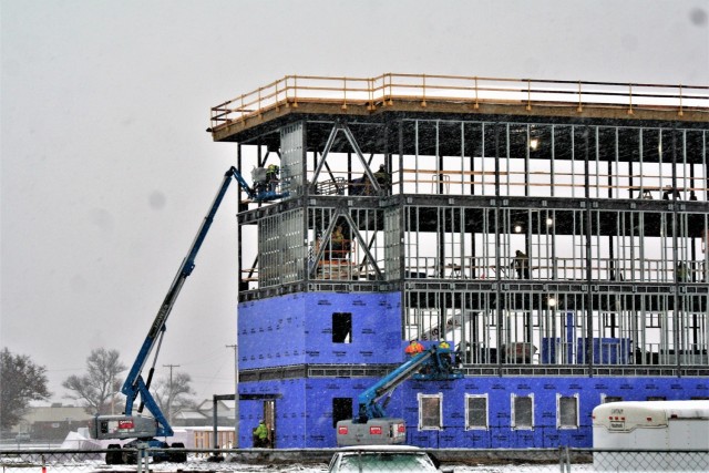 An area of the 1600 block of the cantonment area of the installation is shown Nov. 24, 2020, during a light snowfall as a new multi-million dollar barracks is being built at Fort McCoy, Wis. Contractor L.S. Black Constructors was awarded a $20.6...