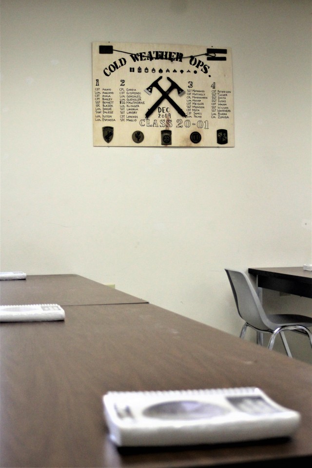A representation of a past class of the Cold-Weather Operations Course (CWOC) is shown in a classroom on Dec. 3, 2020, at Fort McCoy, Wis. CWOC students are trained on a variety of cold-weather subjects, including snowshoe training and skiing as...