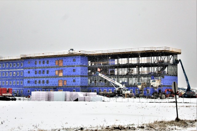 An area of the 1600 block of the cantonment area of the installation is shown Nov. 24, 2020, during a light snowfall as a new multi-million dollar barracks is being built at Fort McCoy, Wis. Contractor L.S. Black Constructors was awarded a $20.6...