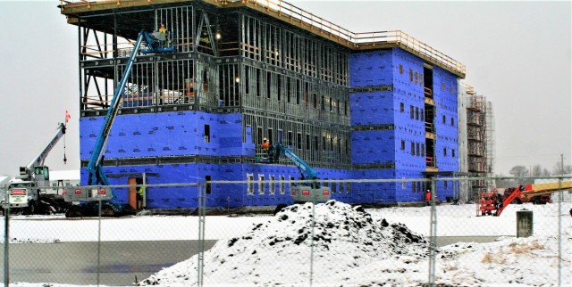 An area of the 1600 block of the cantonment area of the installation is shown Nov. 24, 2020, during a light snowfall as a new multi-million dollar barracks is being built at Fort McCoy, Wis. Contractor L.S. Black Constructors was awarded a $20.6...